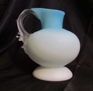 Victorian Art Glass Blue & White Cased Satin Thorn Handle Ewer Vase Pitcher 2