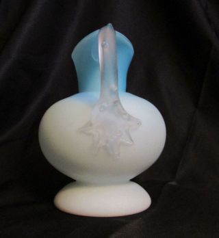 Victorian Art Glass Blue & White Cased Satin Thorn Handle Ewer Vase Pitcher 3