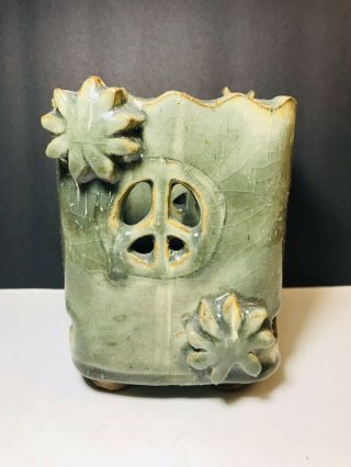 Artisan Pottery Vintage Pottery Vase Planter Utensil Holder Signed Peace