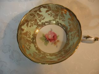 Vintage Paragon Sea Foam Green Teacup & Saucer,  Gold Blue Bells & Rose Center 5