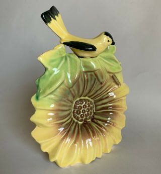 LATE 1940 ' S VINTAGE MCCOY YELLOW SUNFLOWER WITH BIRD WALL POCKET 2