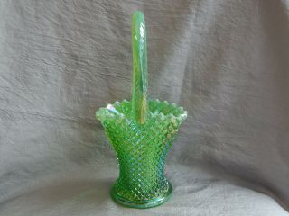 Vintage Westmoreland Glass Basket Iridescent Opalescent Green English Hobnail 2