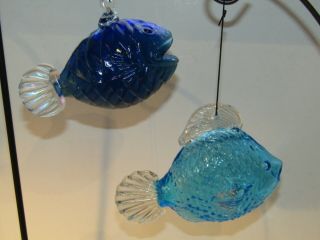 2 Hand Blown Studio Art Glass Blue Fish Shaped Ornaments