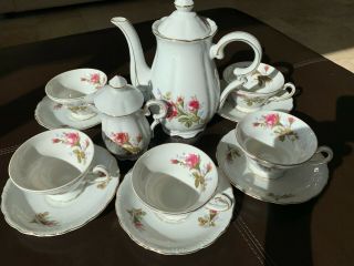 Vintage / Antique White Tea Set,  Porcelain,  Red Flowers And Gold Trim.
