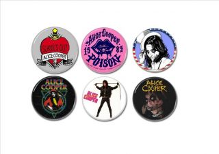 6 X Alice Cooper Buttons (25mm,  Badges,  Pins,  Hair Metal,  Glam,  Shock Rock,  80s)