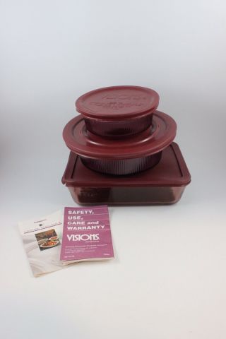 Set Of 3 Vintage Corning Ware Visions Cranberry Cook & Store Containers & Lids