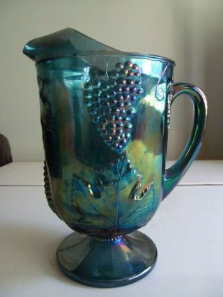 Vintage Indiana Glass Harvest Grape Iridescent Blue Pitcher 64 Oz Carnival Glass