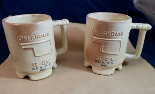 2 Vintage Frankoma Pottery Oklahoma Is Ok - The Sooner State Coffee Mug Cup
