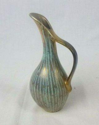 Vtg Mid Century Carstens W.  German Germany Handled Vase Aqua Gold Striped Glaze