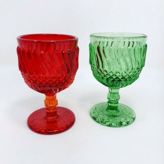 4 " Vintage Wright Glass,  L G Jersey Swirl Goblets Green & Ruby Set Of 2