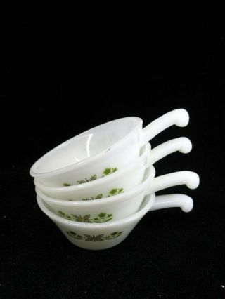 Anchor Hocking Fire King 4 Green Meadow Glass Chili Soup Handled Bowls