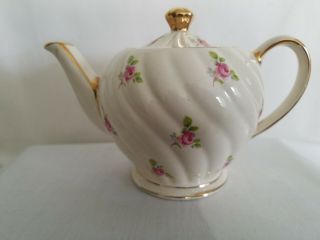 Sadler England Swirl Pattern Teapot With Pink Rose Print And Gold Trim