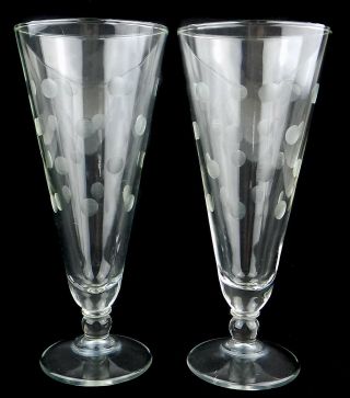 Vintage Pilsner Beer Glasses Etched Polka Dot Set Of 2 Mid Century Atomic Glass