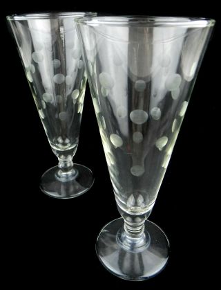 Vintage Pilsner Beer Glasses Etched Polka Dot Set of 2 Mid Century Atomic Glass 4
