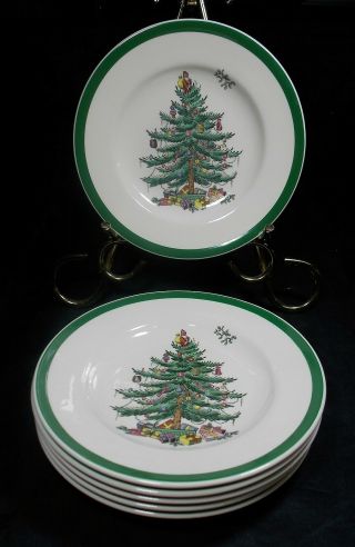 6 Spode Christmas Tree S3324 England Green Band 6 1/2 " Bread & Butter Plates Vgc
