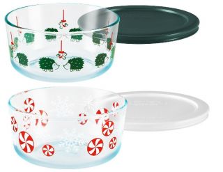 Pyrex 4 Cup CHRISTMAS Green Hedgehogs Under Mistletoe OR Red Peppermint Candy 2