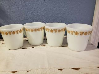 4 Vintage Pyrex 1410 D - Handle Butterfly Gold Milk Glass Coffee Mug Cups