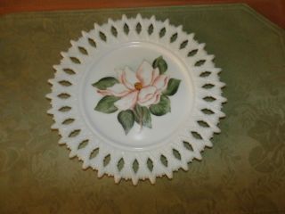 Vintage Kemple Plate Milk Glass Sheaves Of Wheat Hand Painted Pink Flower 8 "