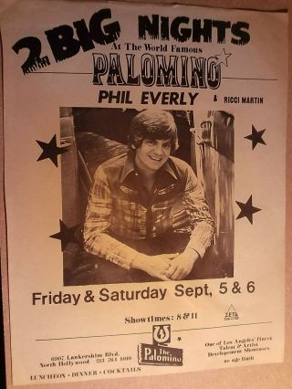 Phil Everly=a Rare Flyer For Shows At The Palomino In La=sept 5/6 1978