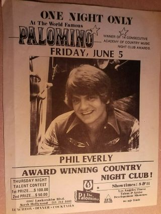 Phil Everly=a Rare Flyer For Show At The Palomino In La=5/6/1979