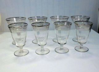 Vintage Set Of 8 Mid Century Modern Striped Silver Bands Martini & Wine Glasses