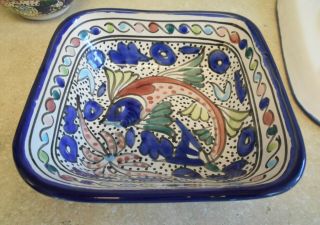 Le Souk Tunisia Ceramique Handpainted Square Bowl Blue Aqua Fish Motif