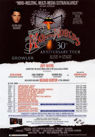 Jeff Wayne - 2009 Tour Flyer - War Of The Worlds Live Rare Musical Concert Promo