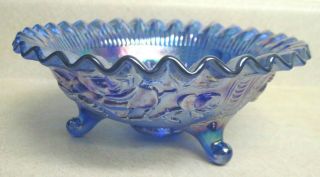 VINTAGE L E SMITH CARNIVAL GLASS AMETHYST BLUE 3 - FOOTED OPEN ROSE BOWL 2