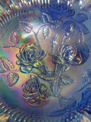 VINTAGE L E SMITH CARNIVAL GLASS AMETHYST BLUE 3 - FOOTED OPEN ROSE BOWL 3