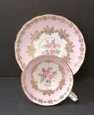 Grosvenor Bone China Pink Banded/heavy Gold Gild Floral Wide Mouth Cup & Saucer