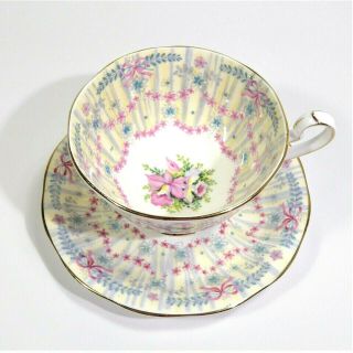 Queen Anne Royal Bridal Gown Tea Cup And Saucer,  Pink Orchids Pink Bows,  Vintage
