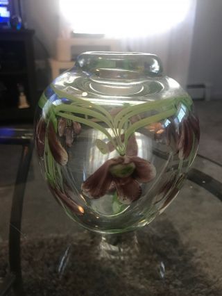 Hand Blown Art Glass Vase Pink Green Floral & Vine Pattern