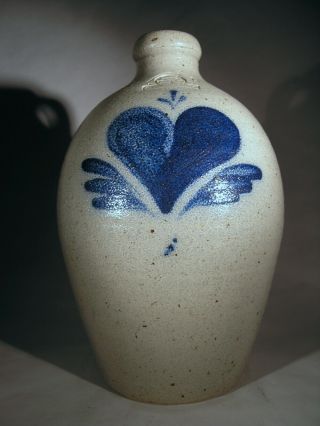 Rowe Pottery Stoneware Jug 1985 Salt Glazed Cobalt Blue Heart & Feather