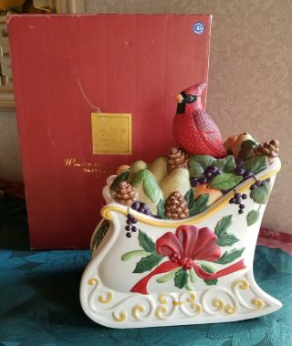 Lenox Xmas Winter Greetings Cardinal Sleigh Cookie Jar,  Catherine Mcclung W/ Box