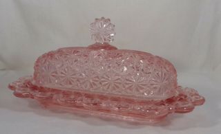 Vintage Pink Glass Butter Dish & Cover Daisy & Button Pattern No Damage Pretty