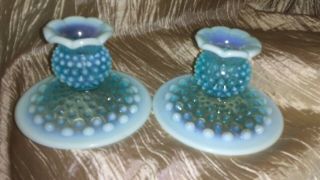 Vintage Unmarked Fenton Blue Opalescent Hobnail Candle Holders