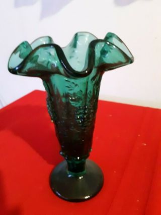 Vintage Fenton Teal Green Grape Panel Trumpet Vase With Ruffled Top