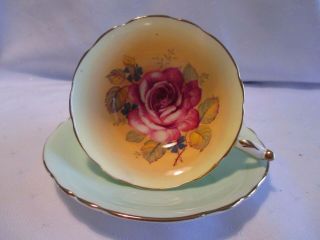 Paragon Double Warrant Wide Mouth Green Cup & Saucer Large Center Pink Rose