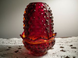 Vintage Fenton Hobnail Glass Red Orange Amberina Fairy Lamp W/ Logo -