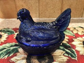 Vintage Cobalt Blue Glass Hen Chicken On Nest Basket Covered Candy Dish