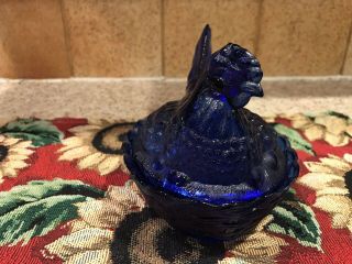 Vintage Cobalt Blue Glass Hen Chicken On Nest Basket Covered Candy Dish 2