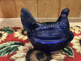 Vintage Cobalt Blue Glass Hen Chicken On Nest Basket Covered Candy Dish 3