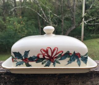 Lenox Winter Greetings Covered Butter Dish Holly Berries Holiday Christmas