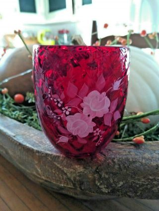 Ruby Red Fenton Glass Fairy Lamp/light Dome Diamond Optic/painted Flowers Freda