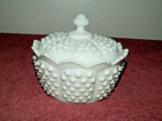 Marked Vintage Fenton Hobnail White Milk Glass Covered Candy Dish Bowl