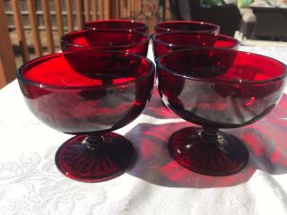 Vintage Ruby Red Anchor Hocking Glass Footed Dessert Dishes Set 6