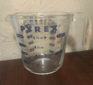 Vtg Pyrex Glass Measuring Cup 2 Cup Blue Writing Corning Open Handle