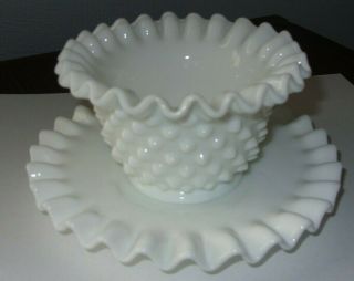 Fenton Vintage Hobnail White Milk Glass Mayonnaise Bowl With Under Plate -