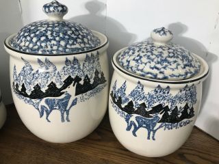 Folk Craft Wolf By Tienshan Blue And Black Sponge Art Stoneware Canister Set 2