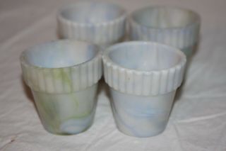 4 Akro Agate Translucent Blue & Green Slag Glass Mini Planters 3